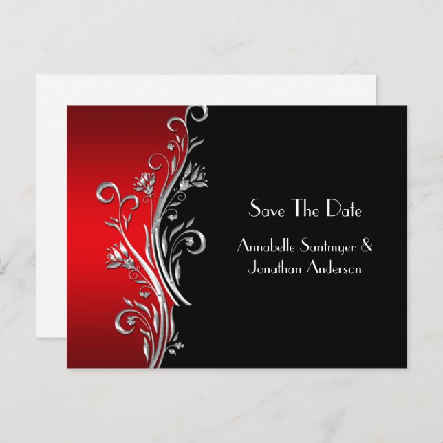 Convites Red Black Silver Swirls Casamento RSVP (Frente/Verso)