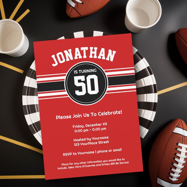 Convites Red Black Sports Jersey Festa de aniversário (Birthday Party Invitation - Sports Theme - Football Party Invitation)