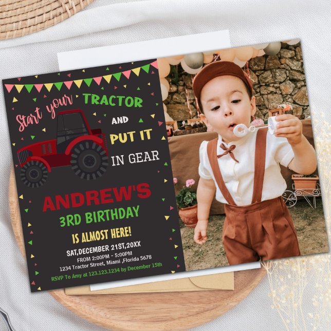 Convites Red Black Trator Birthday Invances com foto (Red Black Tractor Birthday Invitations with photo)