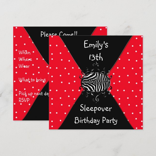Convites Red Black White Spots 13 Birthday Sleepover (Frente/Verso)