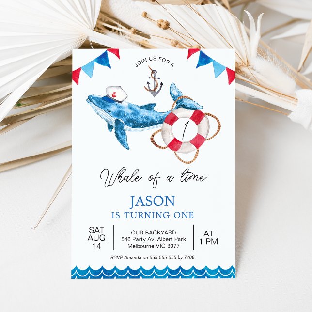 Convites Red Blue Boys Whale of a Time primeiro aniversario (Whale Themed 1st Birthday Invitation, Whale of a Time Birthday Invitation Baby Boy, Nautical Invite)