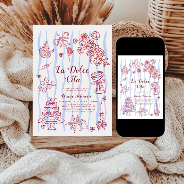 Convites Red Blue Lemon La Dolce Vita Bridal Shower (Criador carregado)