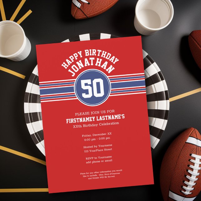 Convites Red Blue Sports Jersey Festa de aniversário (Birthday Party Invitation - Sports Theme - Football Party Invitation)