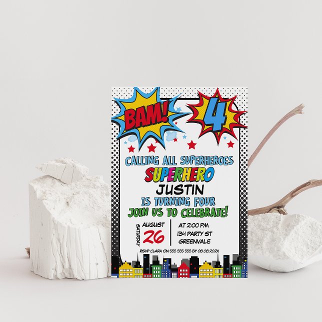 Convites Red Blue Yellow Bam Super-herói 4º aniversário (Superhero 4th Birthday Party Invitation, Bam superhero birthday invitation, Calling all superheroes)