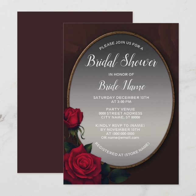 Convites Red Blush Floral Silver Gray Mirror Bridal Shower (Frente/Verso)