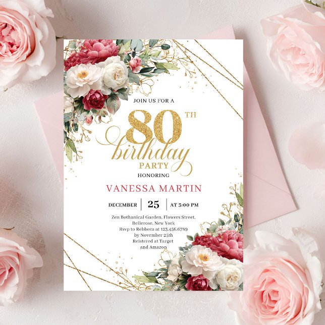 Convites Red blush roses 80th birthday invitation with gold (Red blush roses 80th birthday invitation with gold accents

)