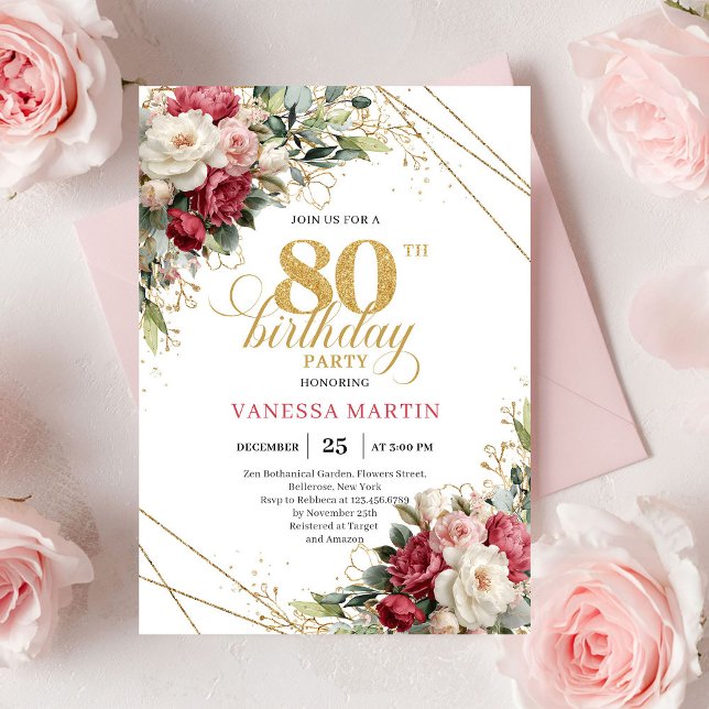 Convites Red blush roses chic gold accents card 80 birthday (Red blush roses chic gold accents card 80 birthday invitation

)