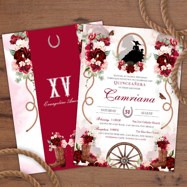 Convites Red & Blush Rustic Elegance Charro Quinceanera (Criador carregado)