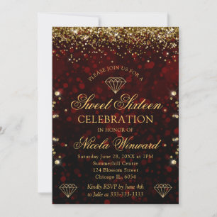 Convites Red Bokeh Escuro e Dourado Glitter Sweet 16