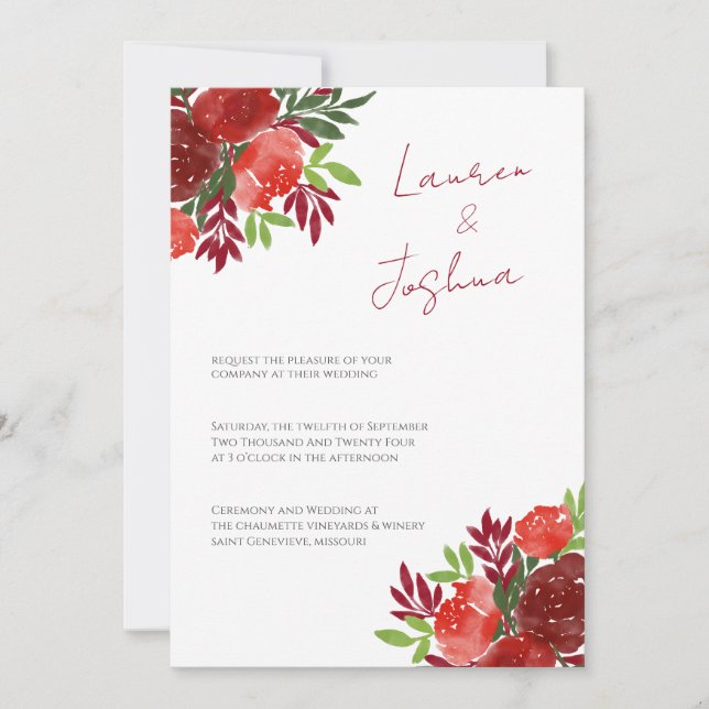 Convites Red Bold Floral Themed Casamento (Frente)