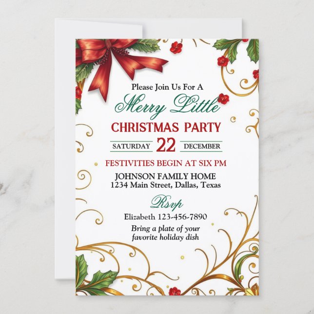 Convites Red Bow and Ornate Gold Border Christmas Party (Frente)