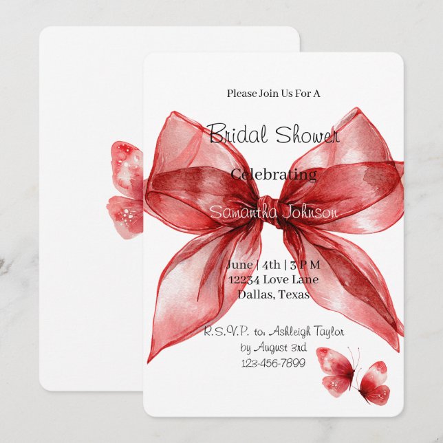 Convites Red Bow Butterflies Bridal Shower   (Frente/Verso)