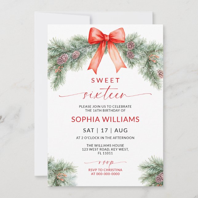 Convites Red Bow Christmas Sweet 16 Birthday Invitation (Frente)