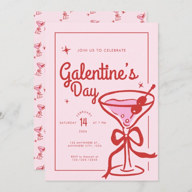 Convites Red Bow Cocktail Galentine's Day (Frente/Verso)