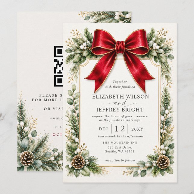 Convites Red Bow Floral Winter Christmas QR Code Wedding (Frente/Verso)