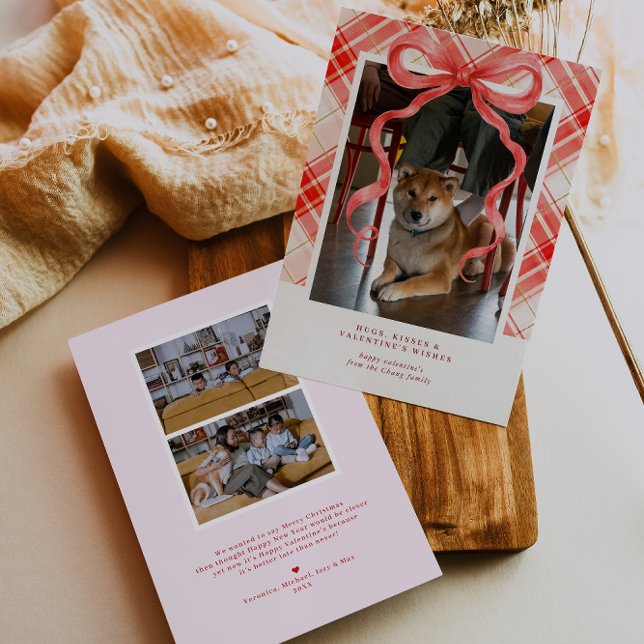 Convites Red Bow Plaid Valentine’s Photo Card (Criador carregado)