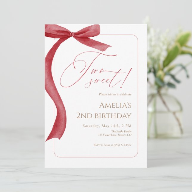 Convites Red Bow Second Birthday Invitation Two Sweet (Em pé/Frente)