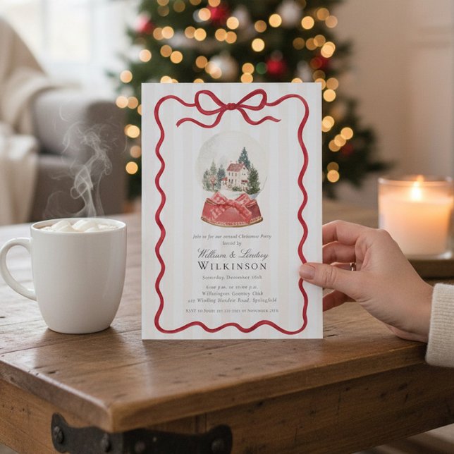 Convites Red Bow Snow Globe Christmas Party Invitation (Criador carregado)