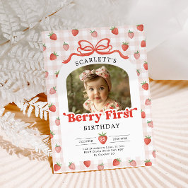 Convites Red Bow Strawberry Berry First Birthday Photo
