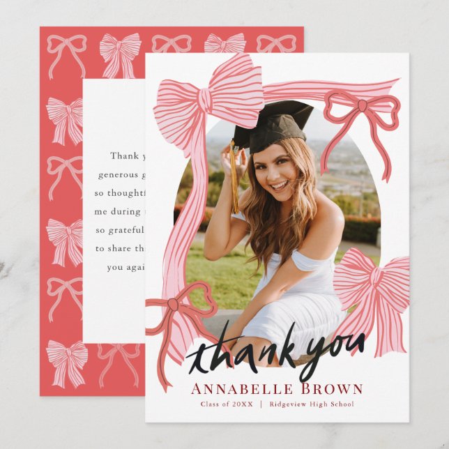 Convites Red Bows Photo Graduation Thank You Card (Frente/Verso)