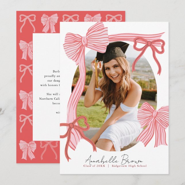 Convites Red Bows Photo Message Graduation Announcement (Frente/Verso)