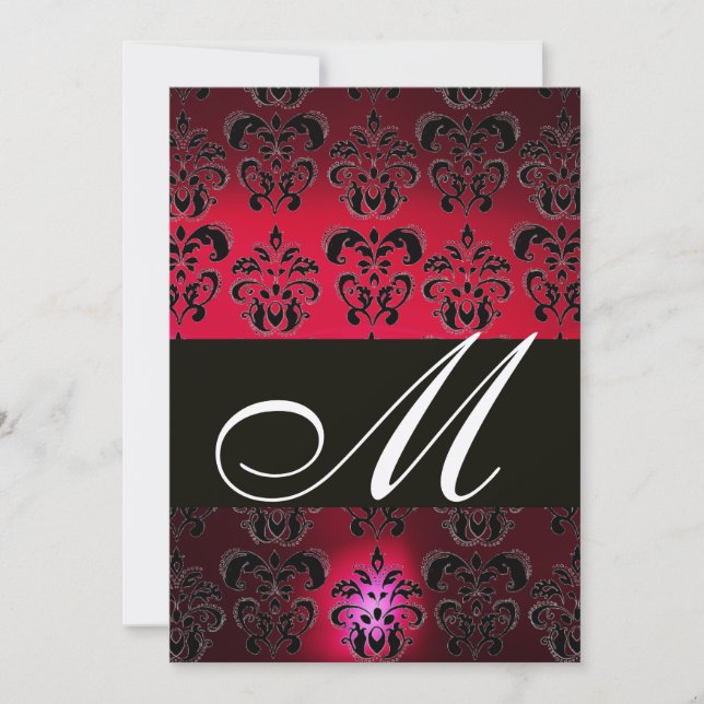 Convites RED BURGUNDY BLACK DAMASK MONOGRAMA rubi champanhe (Frente)