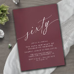 Convites Red Burgundy Escuro | Maroon 60.o aniversário<br><div class="desc">Mínimo elegante convites para 60 anos com título "60" em um roteiro manuscrito. Fonte branca sobre fundo vermelho escuro.</div>