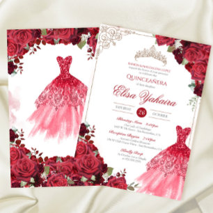 Convites Red Burgundy Rosa Elegante Sparkle Quinceanera