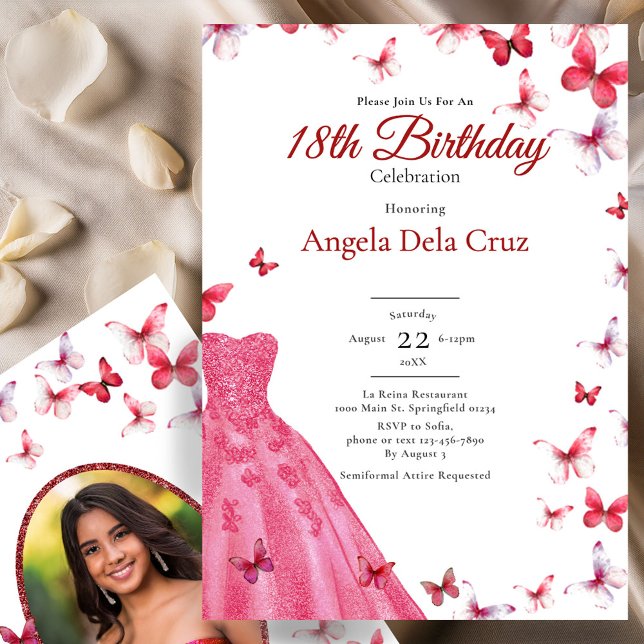 Convites Red Butterflies And Dress 18th Birthday Debut (Criador carregado)