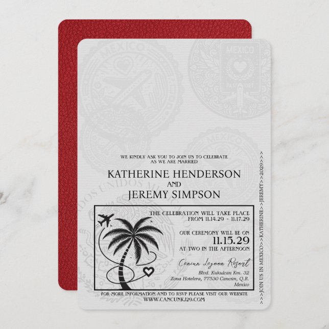 Convites Red Cancun Passport Wedding (Frente/Verso)