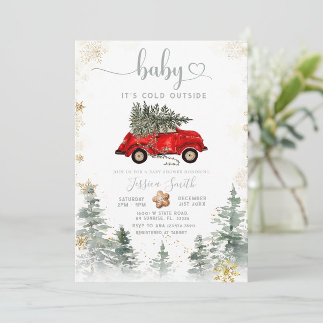 Convites Red Car Pine Tree Winter Baby Shower Invitation (Em pé/Frente)