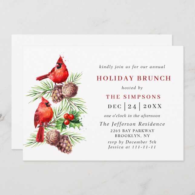 Convites Red Cardeal Holly Berry Natal HOLIDAY BRUNCH (Frente/Verso)