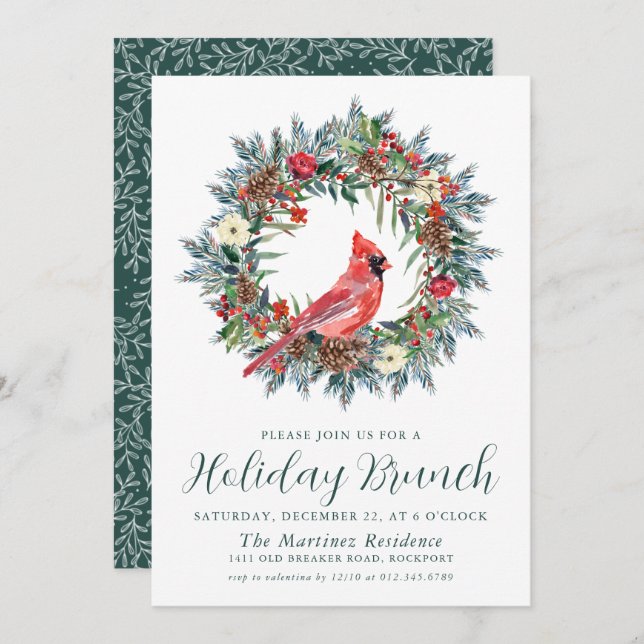 Convites Red Cardinal Wreath Holiday Brunch (Frente/Verso)