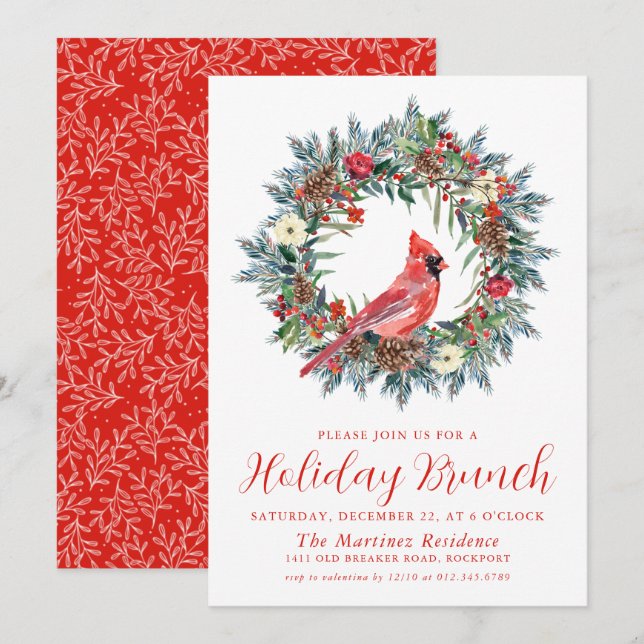 Convites Red Cardinal Wreath Holiday Brunch (Frente/Verso)