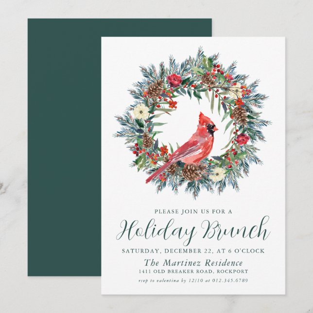 Convites Red Cardinal Wreath Holiday Brunch (Frente/Verso)