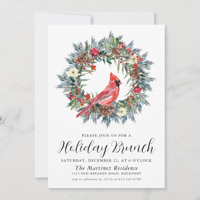 Convites Red Cardinal Wreath Holiday Brunch (Frente)