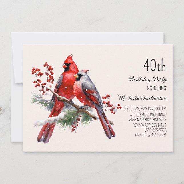 Convites Red Cardinals Berries aniversário de 40 anos (Frente)