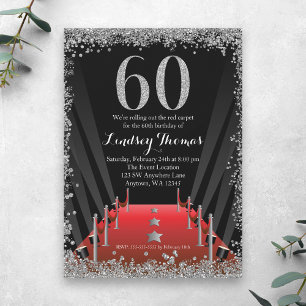 Convites Red Carpet Hollywood Silver Glitter 60º Aniversári