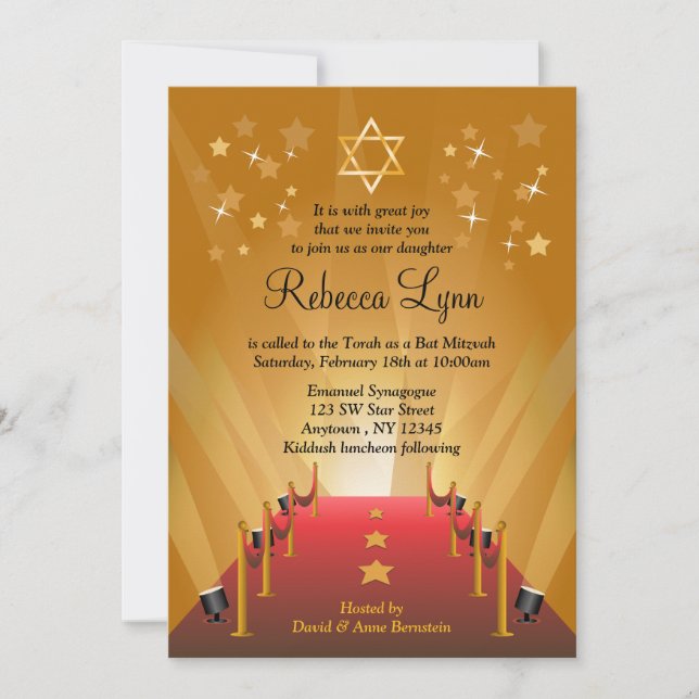 Convites Red Carpet Hollywood Star Bat Mitzvah (Frente)