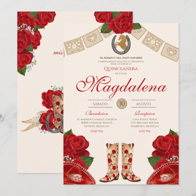 Convites Red Charro Mariachi Western Rosa Quinceanera (Frente/Verso)