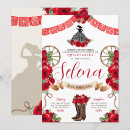 Convites Red Charro Quinceanera Papel Picado Rosas ocidenta