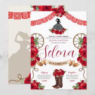 Convites Red Charro Quinceanera Papel Picado Rosas ocidenta