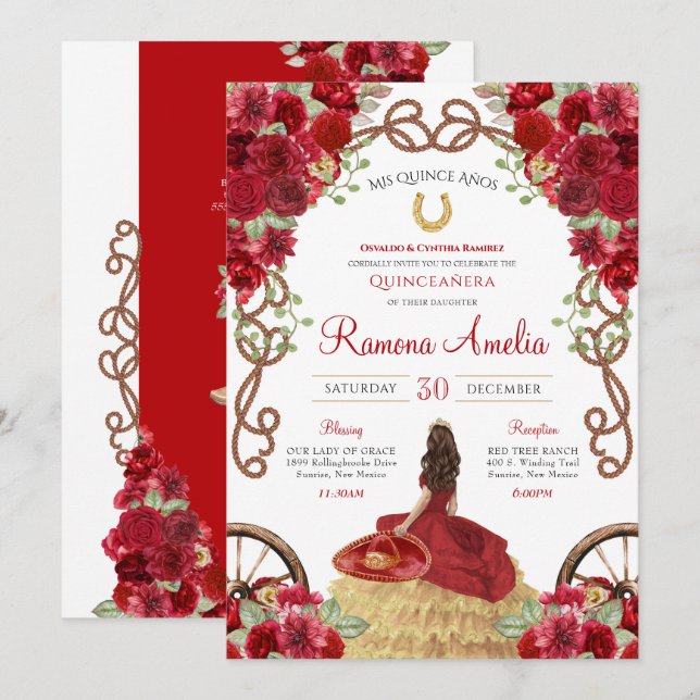 Convites Red Charro Rustic Western Floral Quinceañera (Frente/Verso)