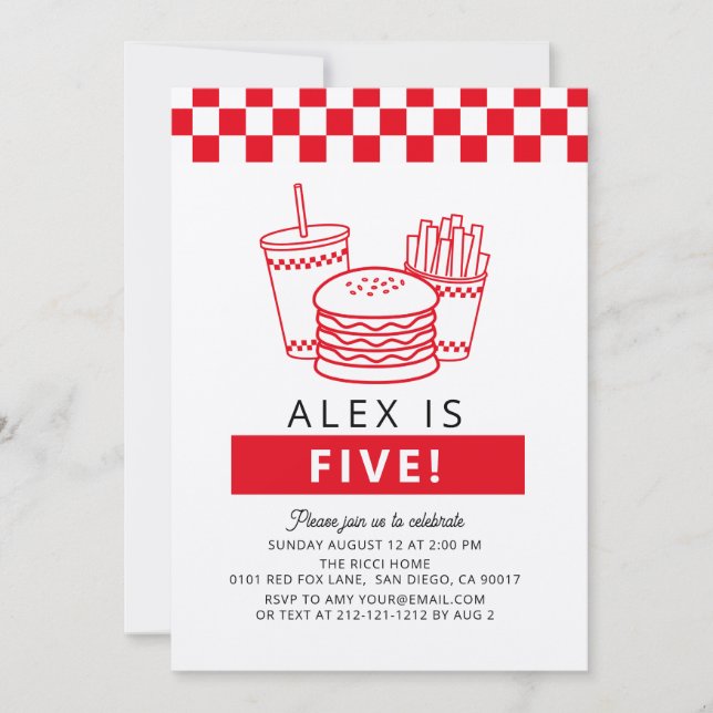 Convites Red Checker Hamburger Boy Birthday (Frente)