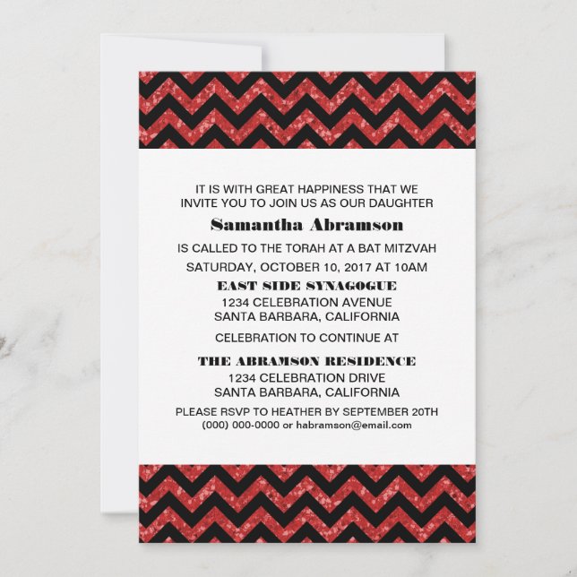 Convites Red Chevron Glitter Bat Mitzvah Invite (Frente)