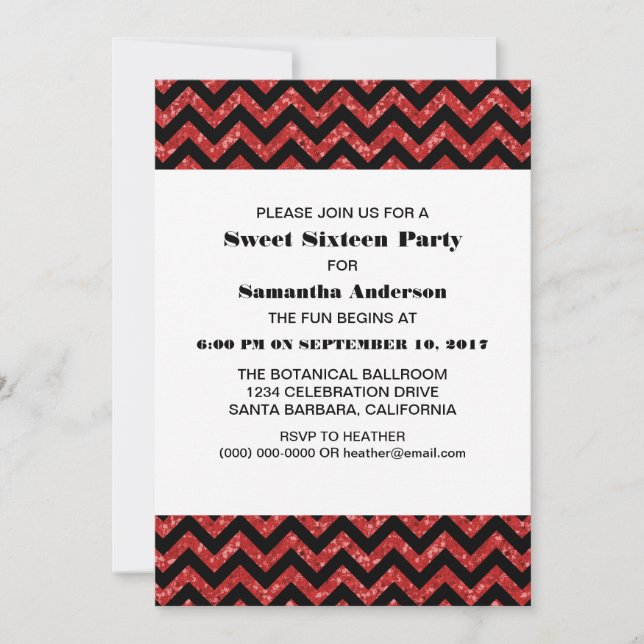 Convites Red Chevron Glitter Sweet 16 Party Invite (Frente)