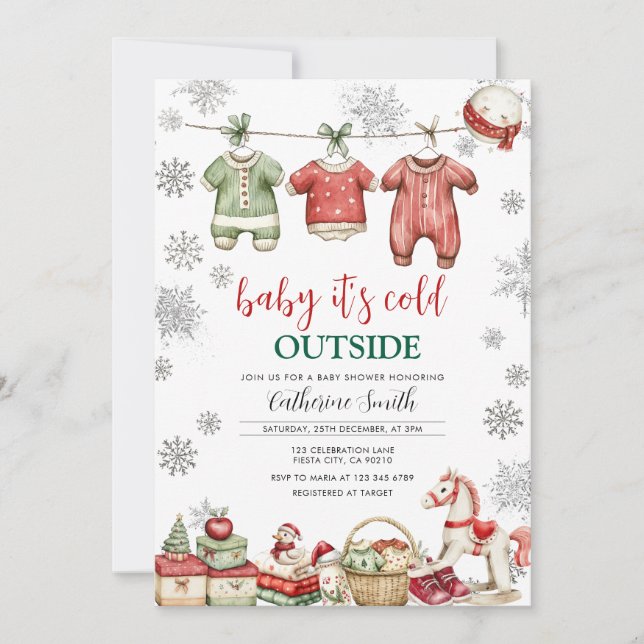 Convites Red Christmas Baby It’s Cold Outside Baby Shower (Frente)
