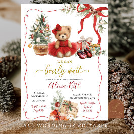 Convites Red Christmas Coquette Bear Girl Baby Shower