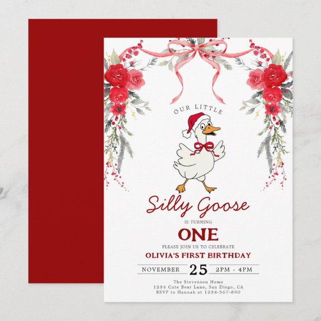 Convites Red Christmas Silly Goose Girl 1st Birthday (Frente/Verso)