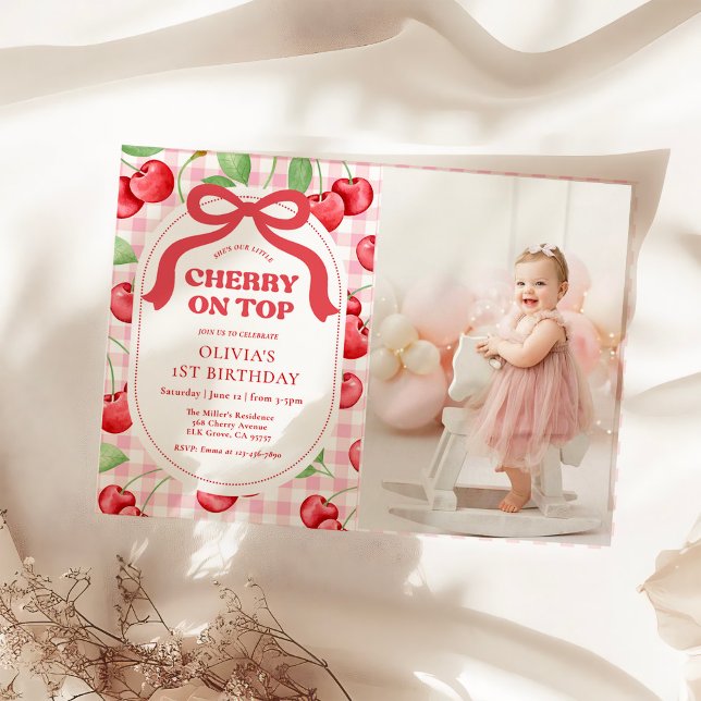 Convites Red Coquette Bow Cherry On Top Birthday Photo (Criador carregado)
